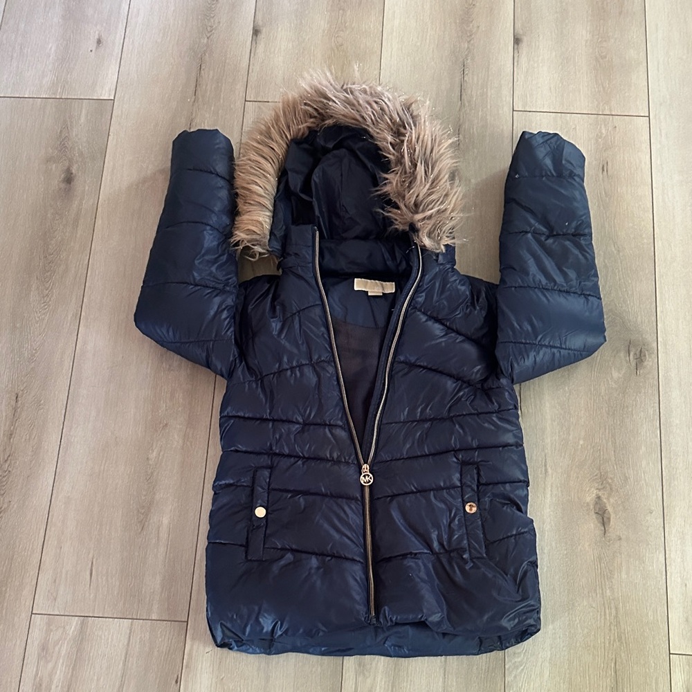 Navy Puffer Jacket with Faux Fur Hood